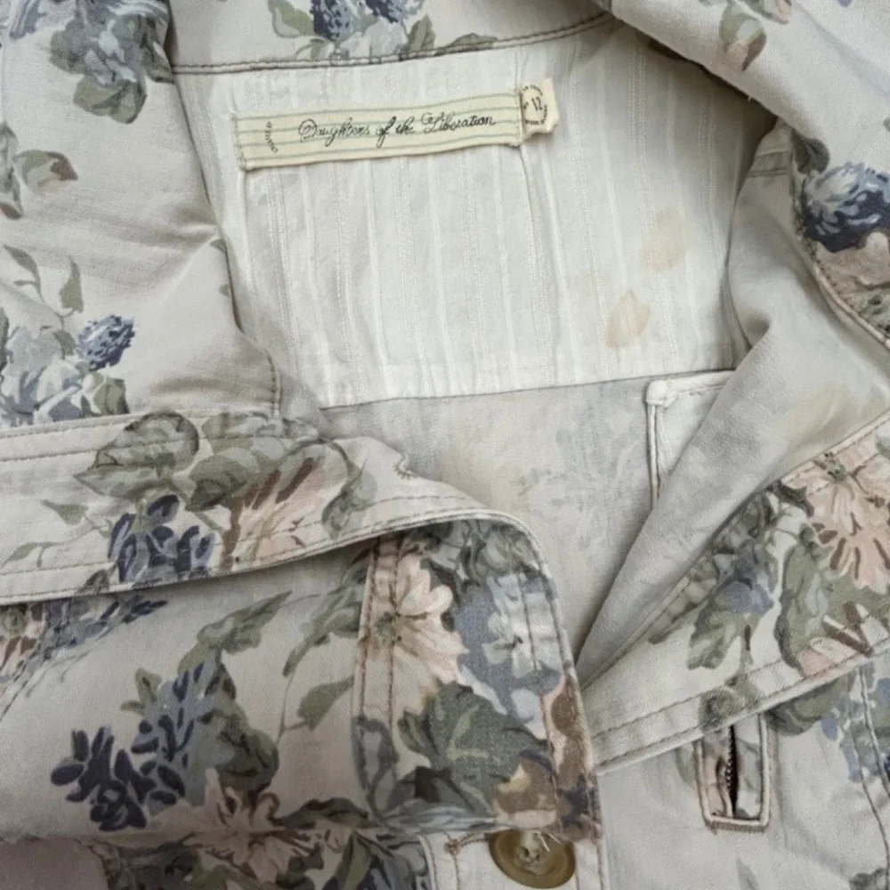 Anthropologie Jacket Women 12 Blue Cream Floral Canvas Coastal Capsule Brunch